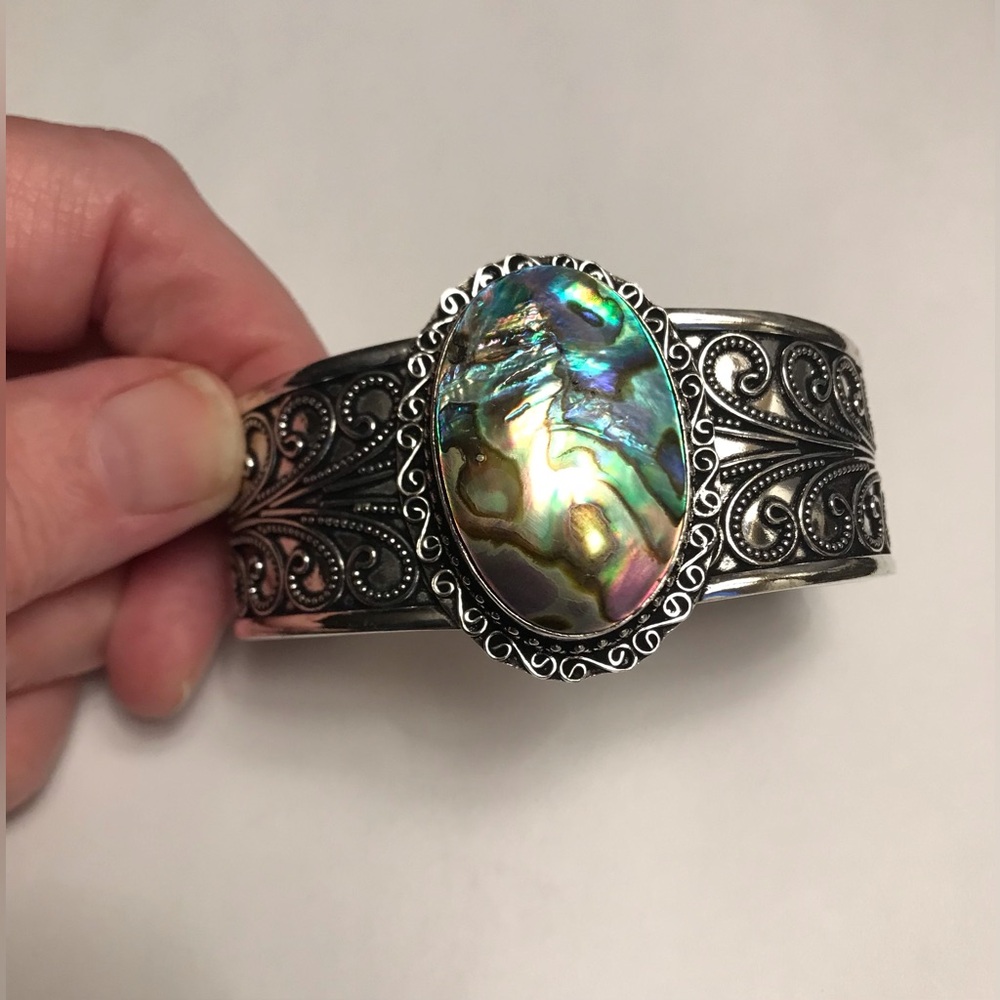 Abalone Stamped Solid 925 Sterling Silver Cuff Bracelet